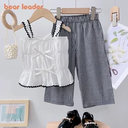 Bear Leader Girls' Clothing Set Casual Children's Ruffle Bow Fashionable Strap Top+Plaid Pants Set Girls' Vacation Casual Set