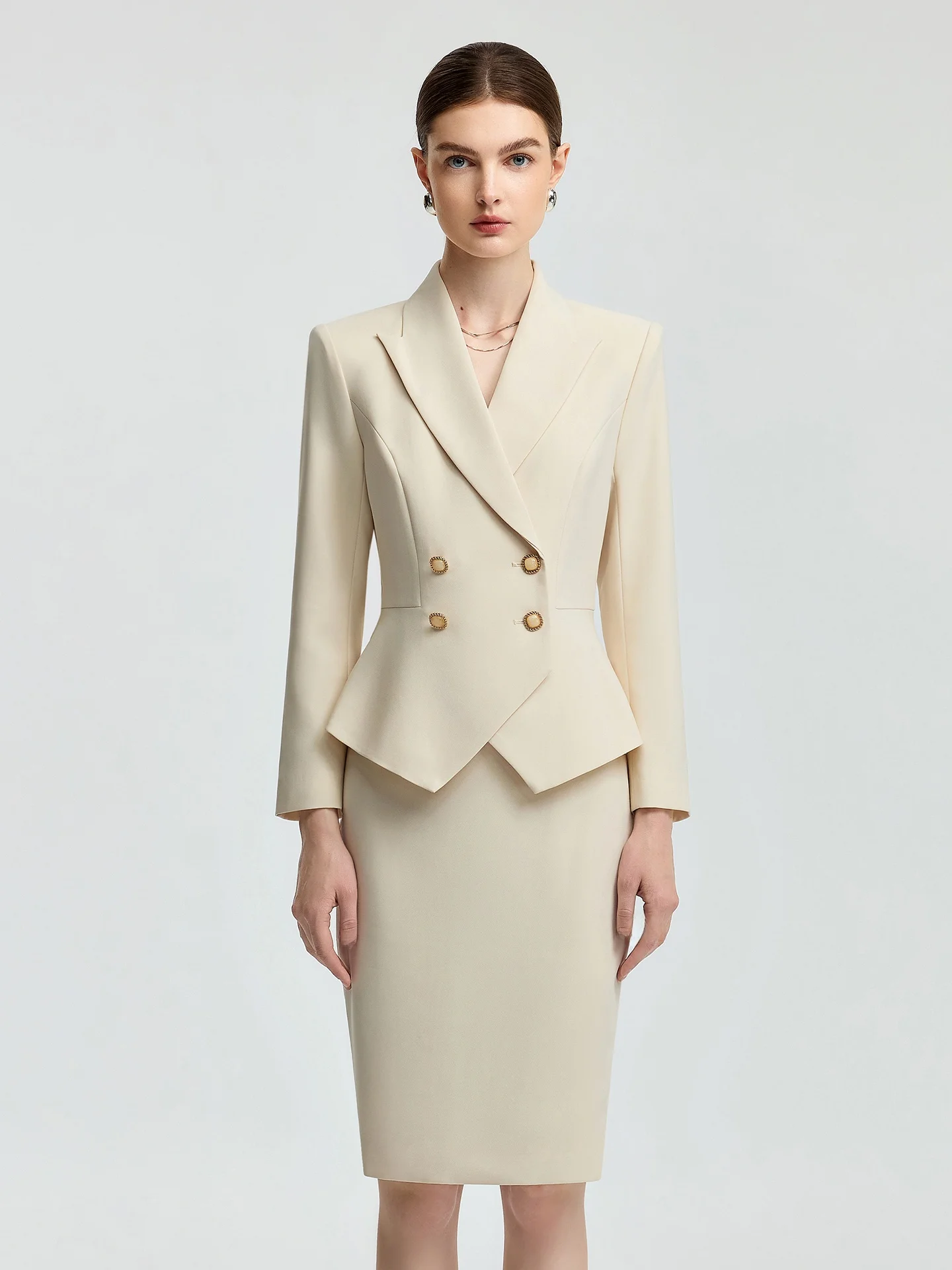 

Elegant Apricot Professional Formal Occasion Women's Suiting Skirt Set Fashionable Autumn Workwear Hostess Art Exam Outfit