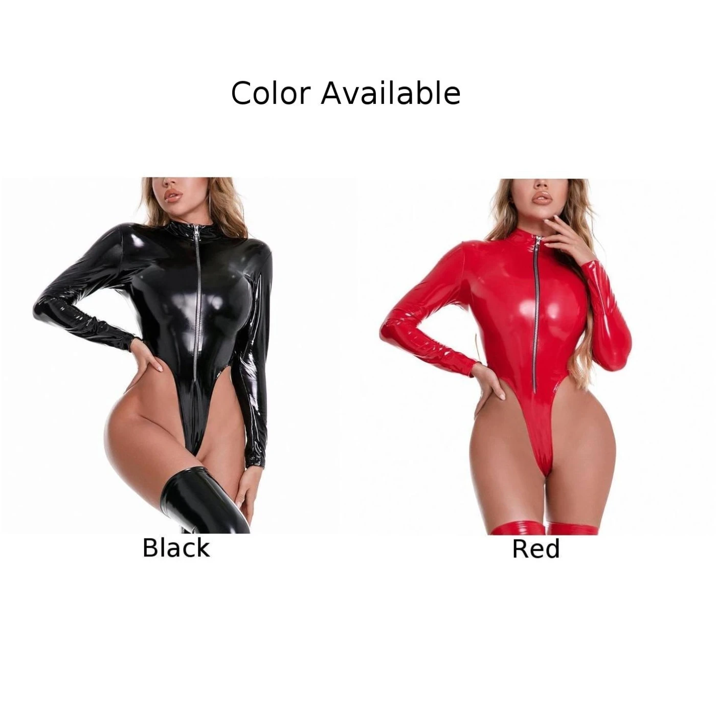 Body de corte alto leotardo mono mamelucos mujer Club club nocturno M 2XL negro moda látex cuero manga larga rojo