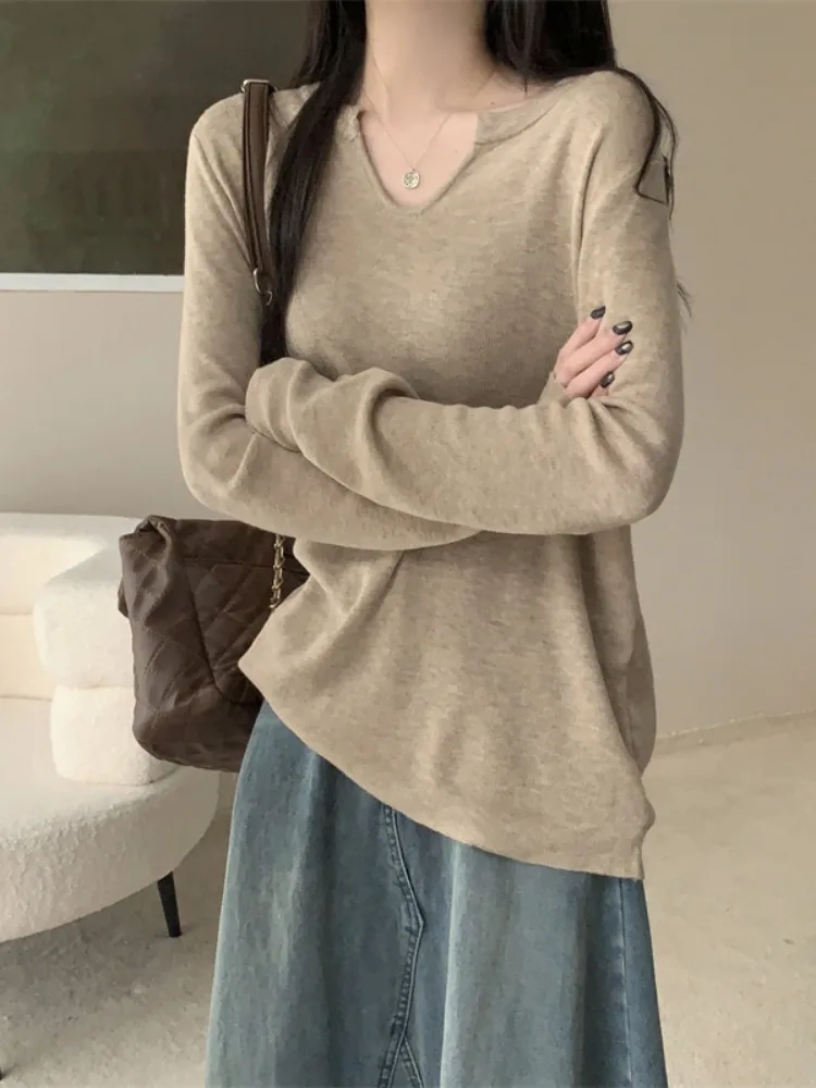 

V-Neck Sweater Women Fashion Loose Knitted Top Long Sleeve Solid Color Sweet Versatile Mid Long High Street Autumn Base Layer
