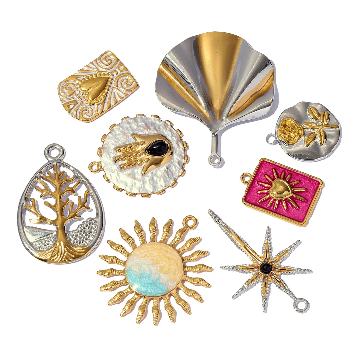 3pcs/Lot Stainless Steel Silver Gold Two Tone Snake DIY Charms Wings Hamsa Hand Flower Buttlefly Necklace Pendant Woman Jewelry