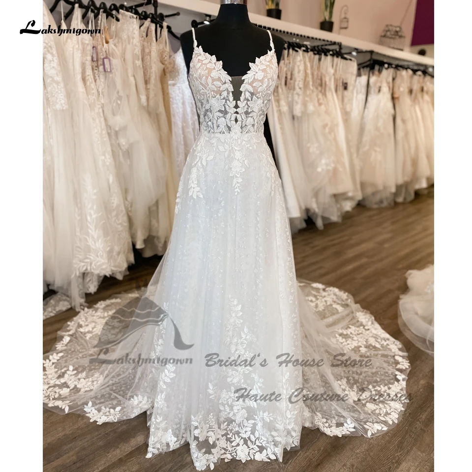 Lakshmigown Glitzernde Boho-Hochzeitskleider für Frauen 2026 Vestidos Sexy V-Ausschnitt Strand-Brautkleider mit Spaghettiträgern Maßanfertigung – Detail 4