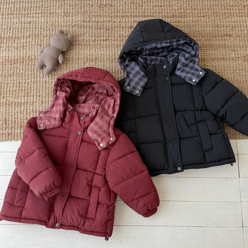 2026 Children's Autumn/Winter New Thick Solid Color Warm Splicing Grid Hooded Cotton Jacket