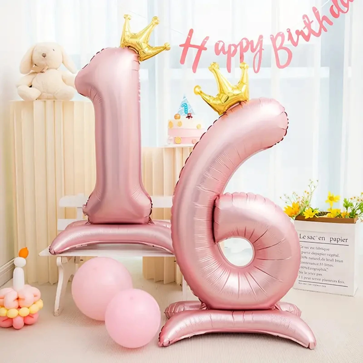 42pcs Pink Crown Base Number (0-9) Balloon Pink Theme Birthday Party Decoration Balloons