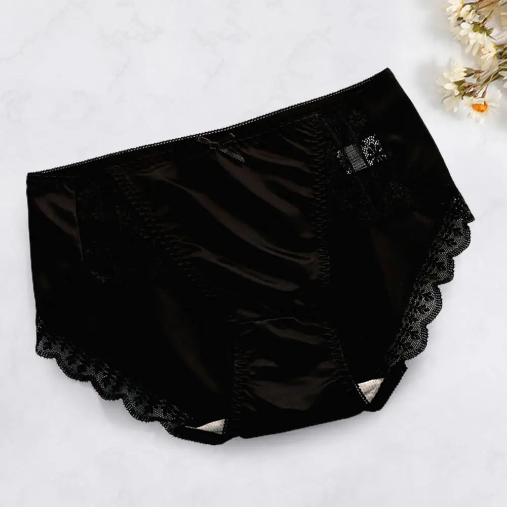 Women Satin Lace Elegant Lace Stitching with Bowknot Decor Mid-rise Lifting Panties for Women Breathable Thin Satin Underwear