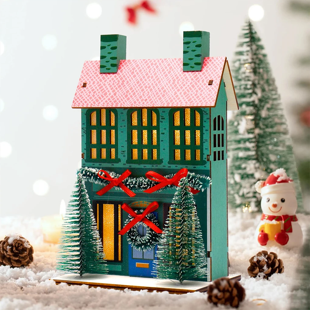 Green Christmas House Kit Wooden Houses With Furniture Included Gifts Flat Bottom Natural Meterial