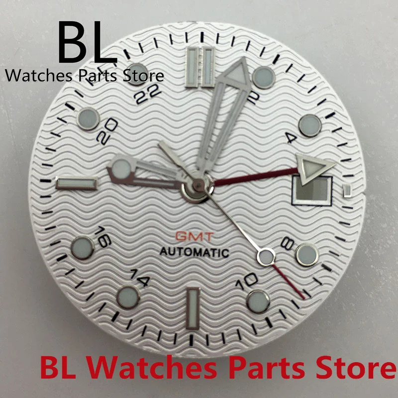 BL 31mm White Dial For Mens Watch Green Luminous Hand Fit NH34(GMT) Automatic Movement 3 o\'clock Date Function