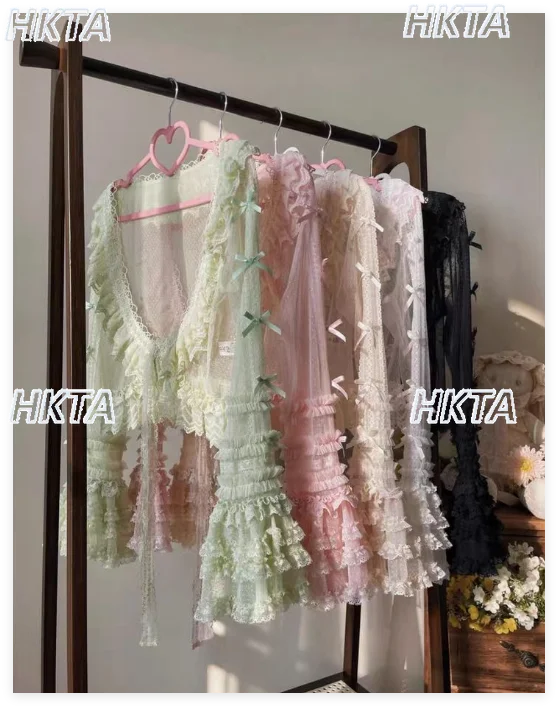 

2026 New Spring Summer Sweet Lace Mesh Blouse Cardigan Women Original Princess Lace Shirt Girls White Flare Long Sleeves Shirts