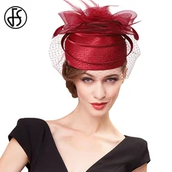 FS 2024 Wedding Church Red Hats Fascinators For Woman With Feather Veil Cocktail Party Headdress Lady Elegant Kentucky Derby Cap