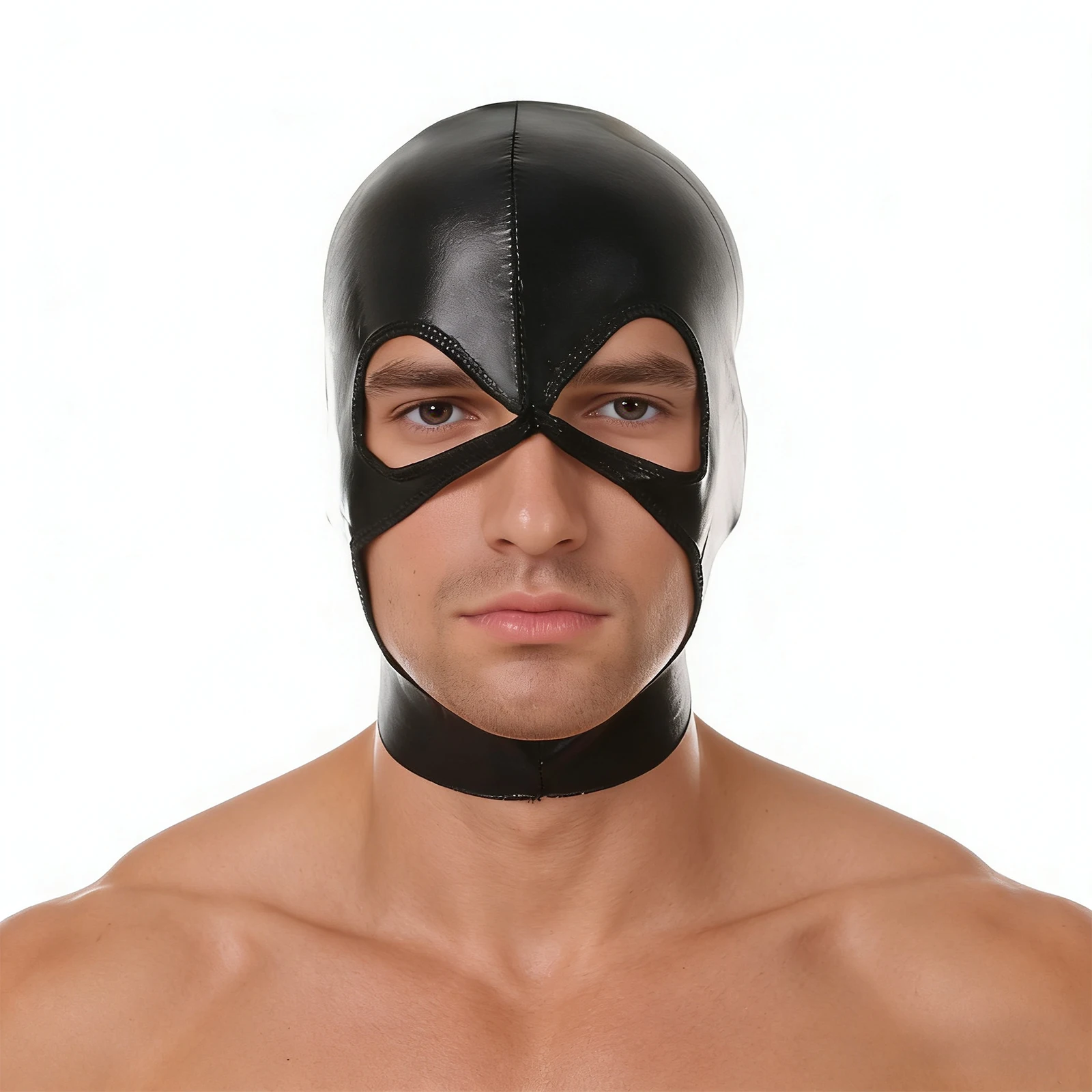 Men Cosplay Face Mask Faux Leather Unisex Wet-Look Headgear Open Eyes and Mouth Women Hood Role Play Costume