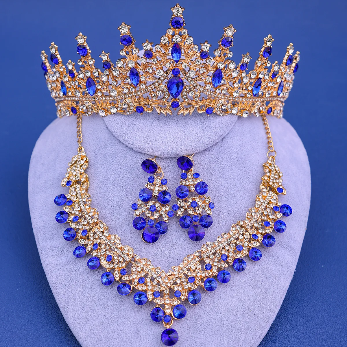 

Quinceanera Crown Set Wedding Crown for Bride, 3-pack Tiara Earrings Necklace- Blue Crystal Costume Party Birthday Prom Pageant