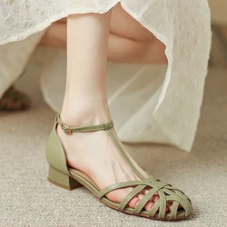 Retro Thick Heel Women Sandals Hollow Out Breathable 2023 New Fashion Casual Simple Solid Color All-match Women Shoes Summertime