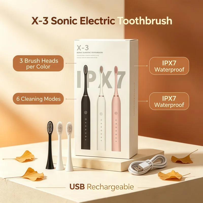 New X-3Upgraded Fully Automatic Sonic Electric Toothbrush With IPX7 Waterproof 6-speed Regulation USB Charging and 3 Brush Heads