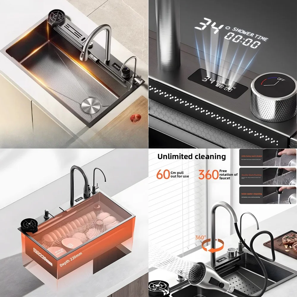 

Digital Display Knife Holder Shark Waterfall Kitchen Single Bowl 304 Stainless Steel Sink Dishwashing Basin Household Vegetable