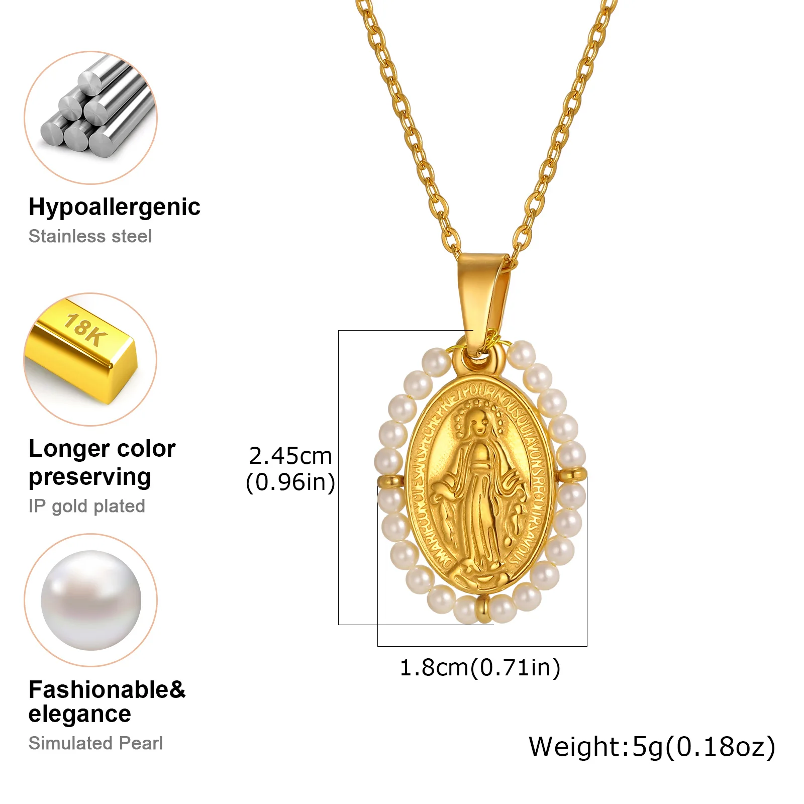 Klassische Jungfrau Maria Anhänger-Halskette für Frauen, Zirkon-Imitationsperle Naturstein-Perlen Charm-Halskette, Edelstahl-Schmuck – Detail 9