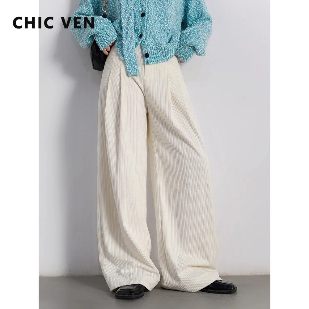 

CHIC VEN новые женские брюки белые плиссированные вельветовые брюки в стиле ретро с высокой талией прямые повседневные женские брюки осень-зима 2025