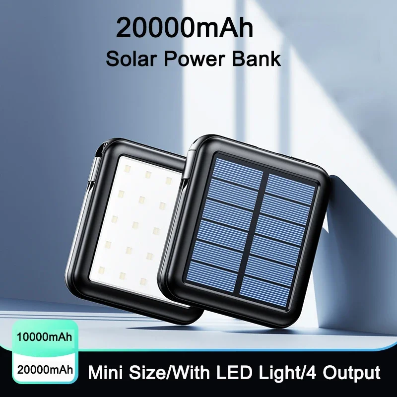 

Mini Power Bank 20000mAh Built in Cable Portable Solar Charging Powerbank with LED Light for iPhone 14 13 Samsung Huawei Xiaomi