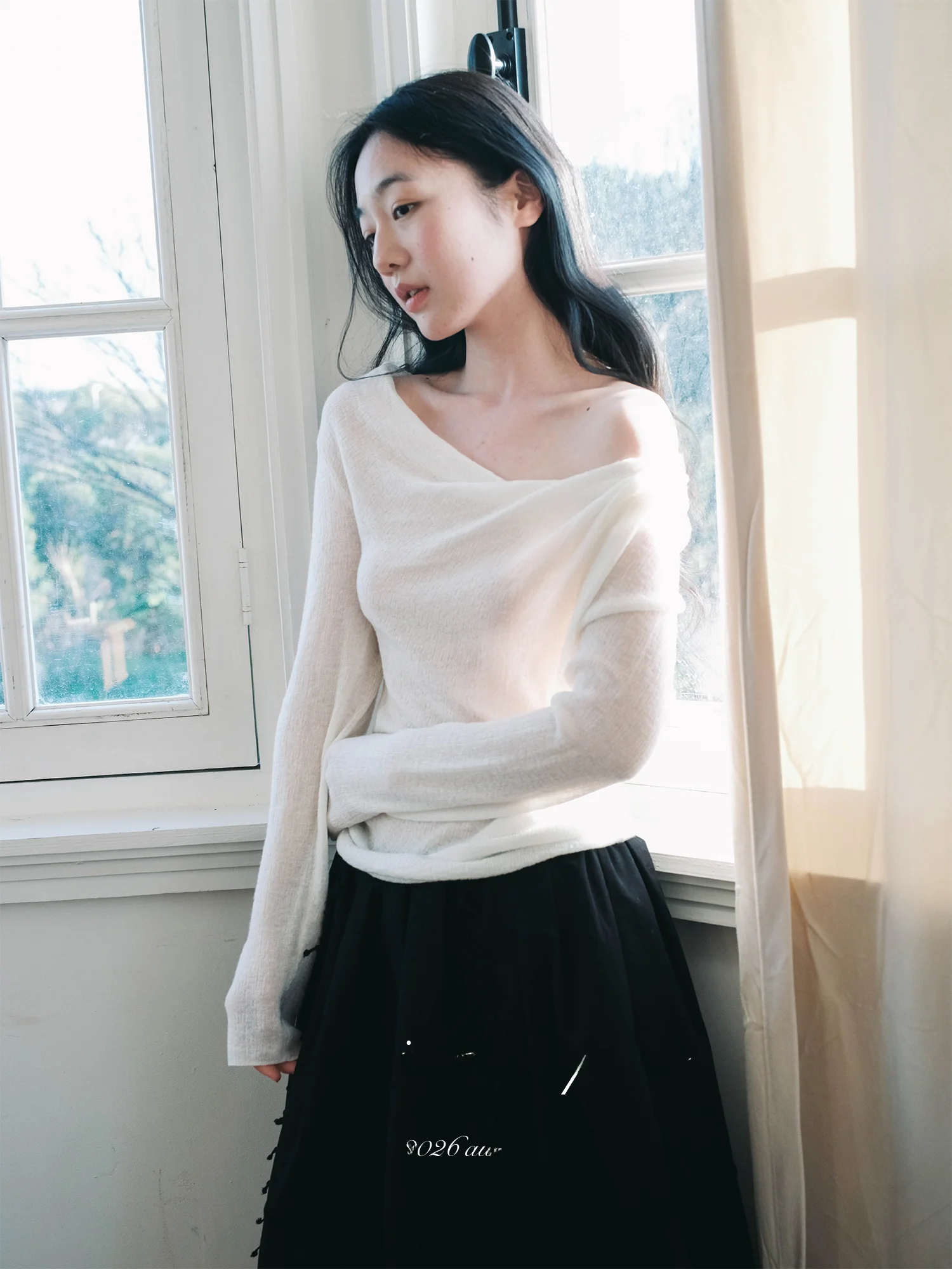 

White Whale Park Basic Long Sleeve Knitted Sweater Spring Summer New Style Shoulder Slash Knitted Small Shirt Women's Fashion