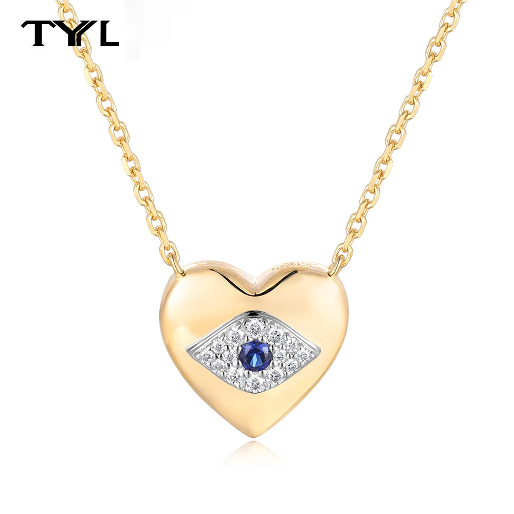 TYYL Lab Grown Sapphire Evil Eye Heart Pendant 925 Silver Moissanite Lucky Necklace for Women Men Collar Chain Creative Jewelry