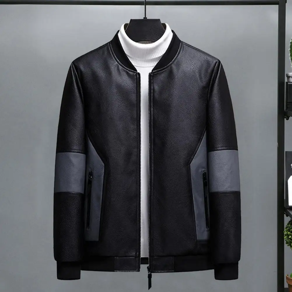 Men Autumn Winter Jacket Stand Collar Faux Leather Men Coat Windproof Pockets Elastic Cuff Motorcycle Baseball Coat