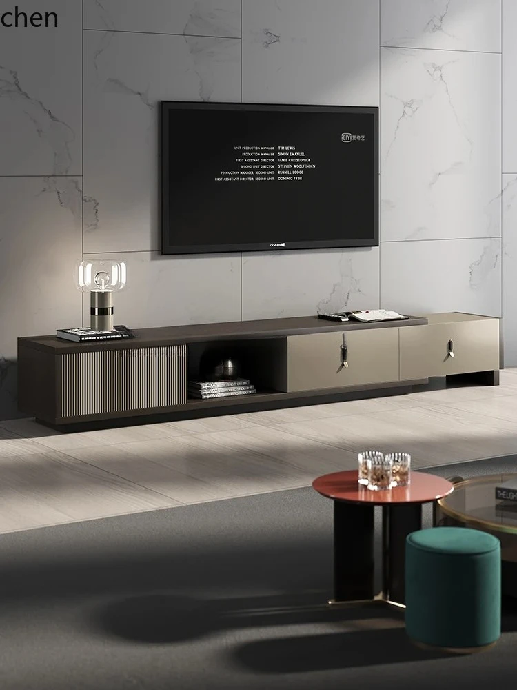 v1 Floor TV Cabinet Smoked Oak Finish Extra Long Simple Modern Storage Retractable Floor Cabinet