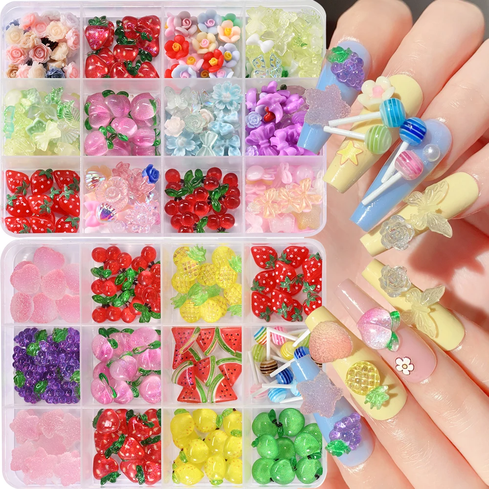 12Grids 3D Mixed Fruits/Lollipop/Flower Nail Charms Cherry,Strawberry,Watermelon Nail Art Decorations DIY Manicure Accessories &