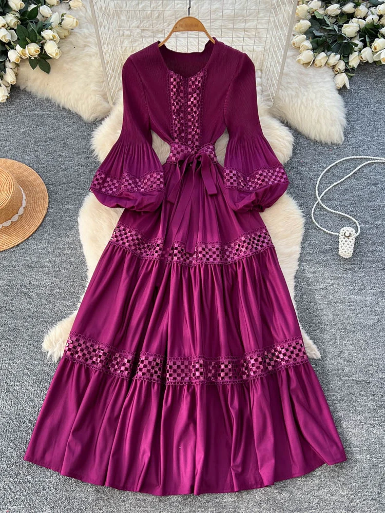 ربيع الخريف الفرنسية الرجعية قصر الدانتيل بريق مطوي فستان للنساء موضة جديدة حفلة كم طويل كبير فستان محكم من عند الصدر ويتدلى بشكل واسع S246 #5