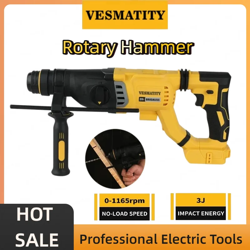 Wireless Hammer - SDS Handle, Portable Rotary Function for Concrete Wall Drilling - Ideal Power Tool For Dewalt Battery