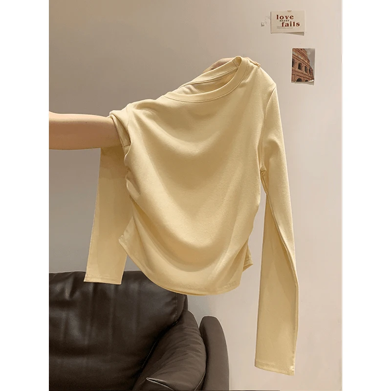 

Yellow Long Sve round Ne Pleated T-irt Women's Slim Fit Autumn Pure Desire Sweet And Spicy Base Top Commute Sle Cott...