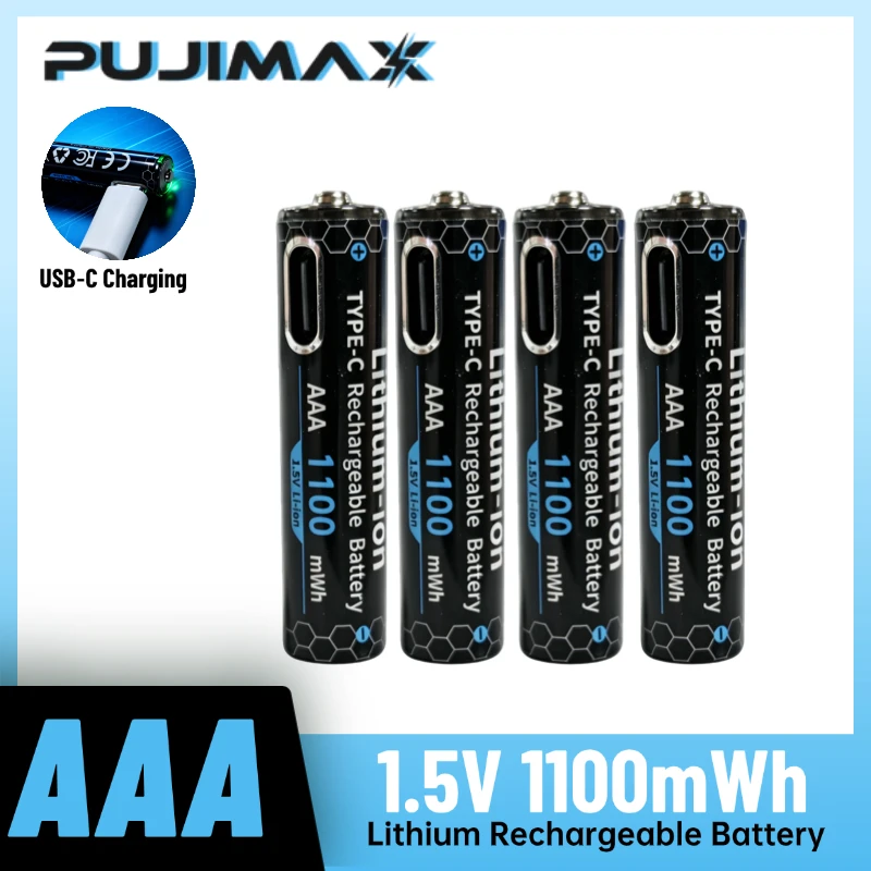 PUJIMAX AAA LR03 USB‑C Rechargeable Battery 1.5V 1100mWh Lithium Battery for Wireless Mouse Remote Control Electronic Devices