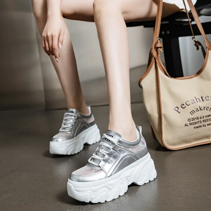 9cm Air Mesh Synthetic Genuine Leather Platform Chunky Sneakers Women Summer Comfy Breathable Sliver Women Casual Shoes Female