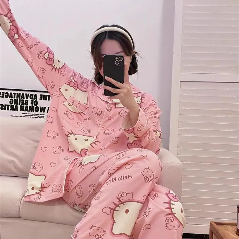 

Sanrio Hello Kitty женский пижамный комплект Kawaii мультфильм осенняя одежда для сна брюки с длинными рукавами ночная рубашка школьный домашний костюм новый стиль