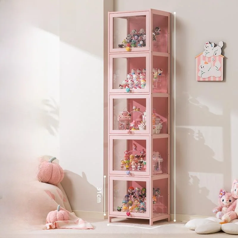 pink-glass-door-storage-cabinet-display-case-grain-storage-organizer-simple-style-home-storage-box-jewelry-box-display-cabinet