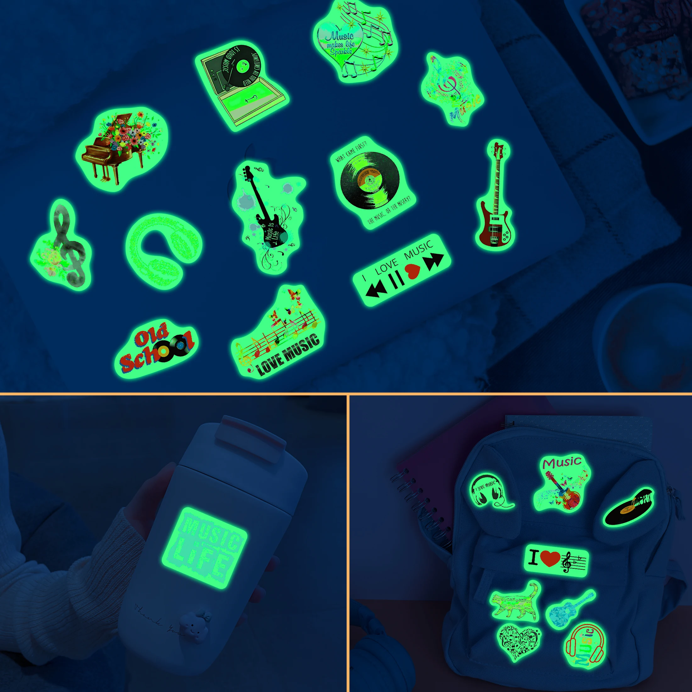 58pcs Glow in The Dark Stickers Music Instrument Waterproof Animal Graffiti Creative Sticker Toy Notebooks Decoration Kid Toy