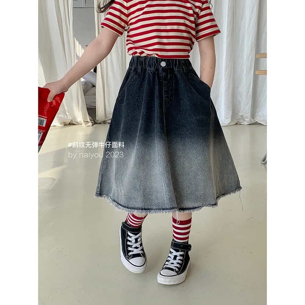 Spring Autumn Girls\' Denim Skirt 2023 Summer New Korean Baby Kids Retro Gradient Skirt Children\'s Fashionable Long Skirt