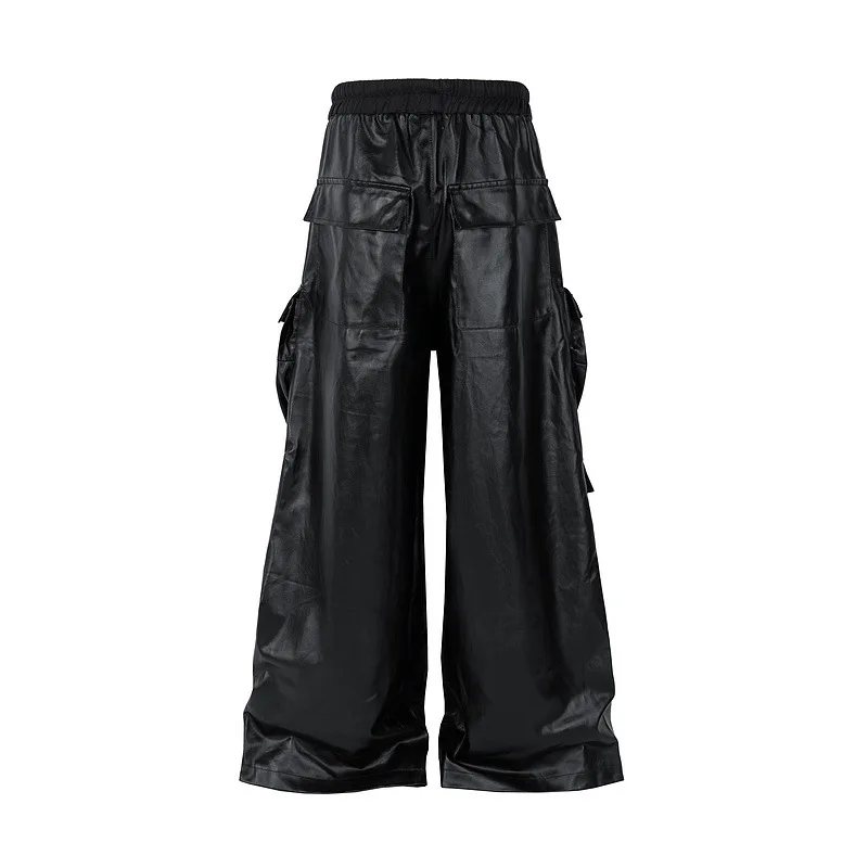 Rick RO style metal-coated brushed matte finish multi-pocket workwear straight-leg casual drawstring wide-leg floor-length pants