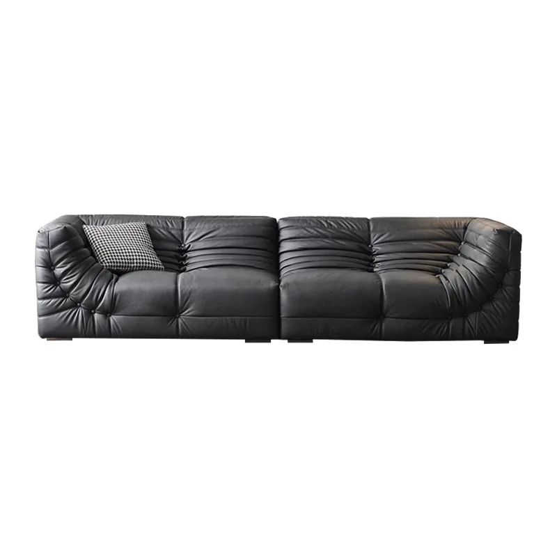 Three-person black leather sofa, first layer cowhide, retro lazy floor-to-ceiling straight-row sofa in the living room
