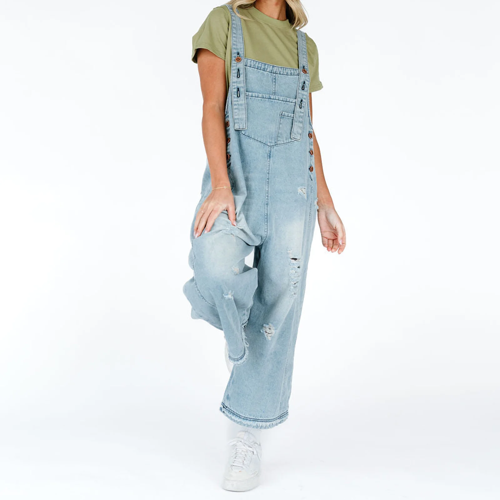 

Women Denim Bib Overalls Ripped Baggy Loose Jean Jumpsuit Romper Pants with Pockets for Streetwear