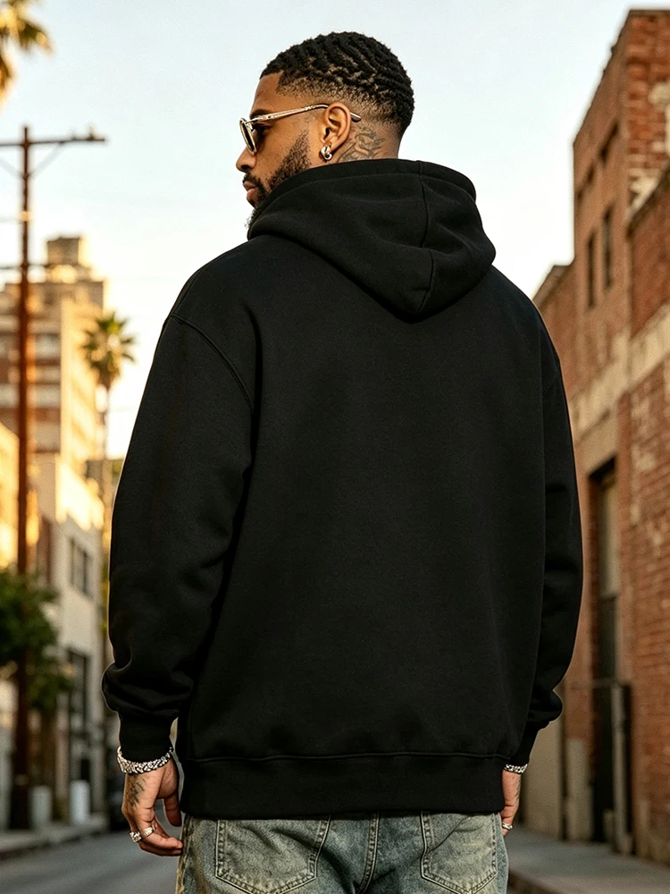 Focus Graphic Hoodie Mens Pullover Sweatshirt Stacked Letter Streetwear Aesthetic Black Polyester Casual-T105