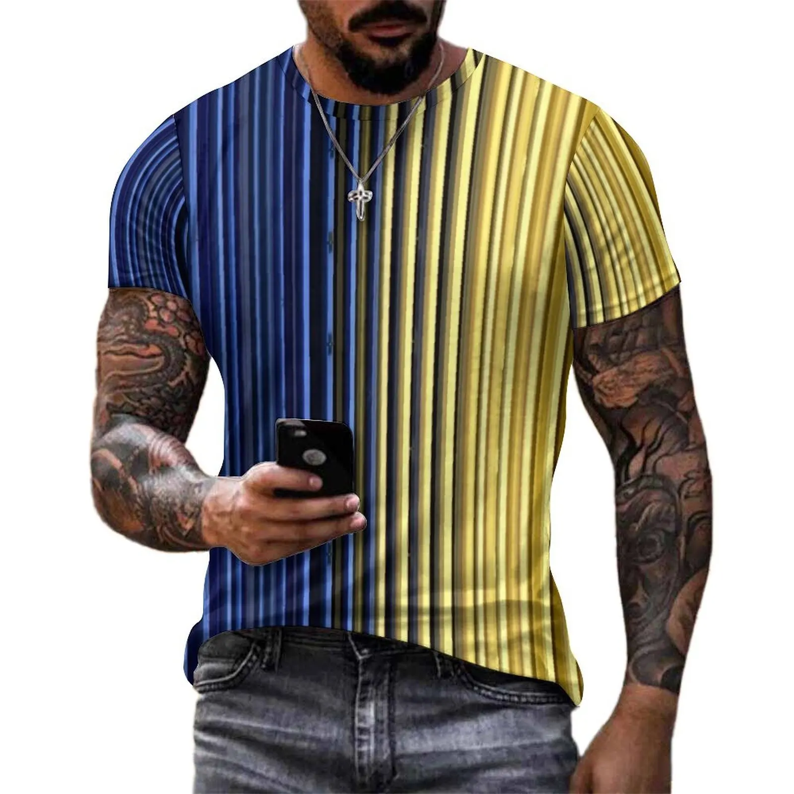 Yellow Blue Striped T Shirt For Male Two Tone Graphic O Neck T Shirts Premium Trendy Tops Short Sleeve Kawaii Big Size Tee Shirt