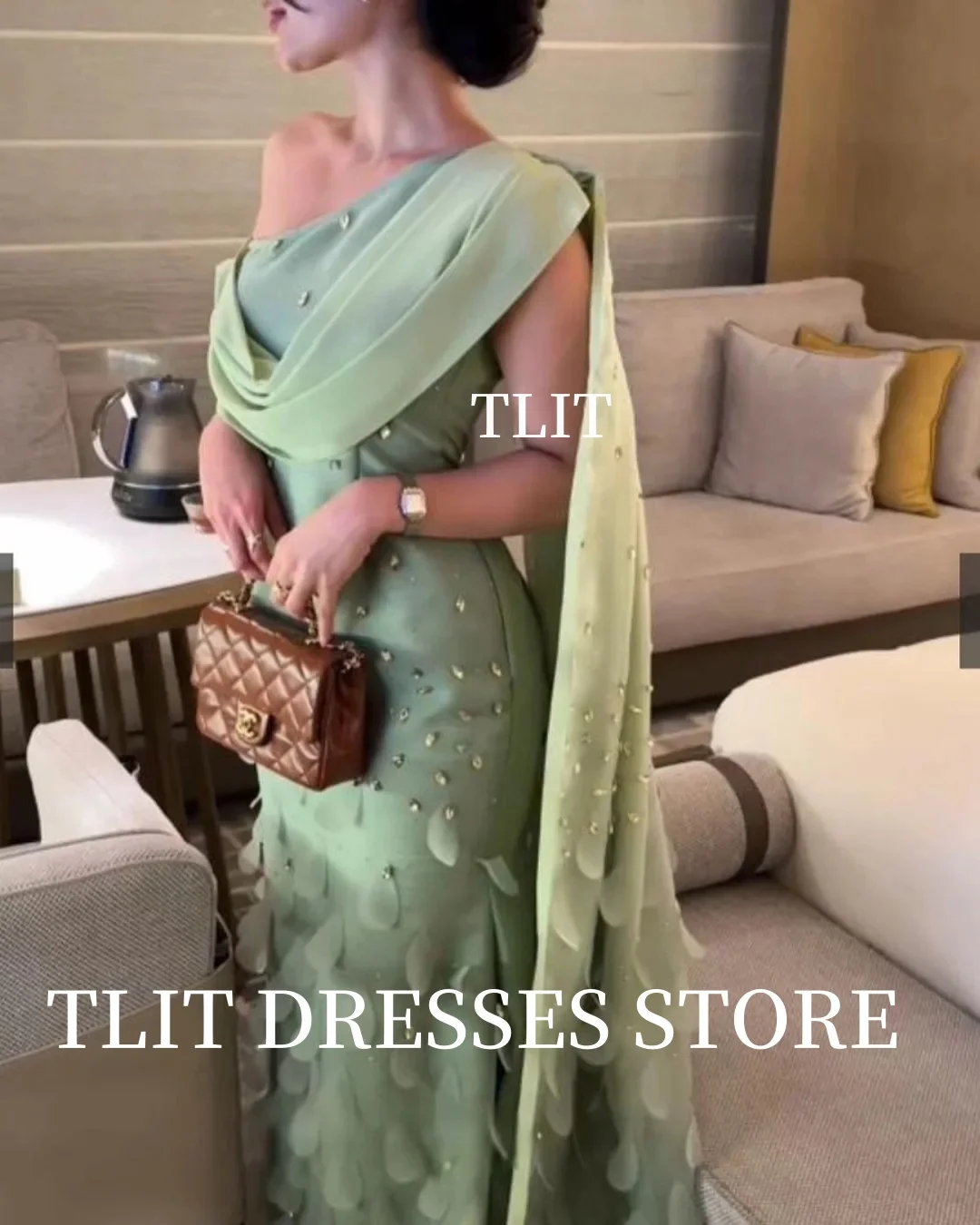 فستان سهرة طويل بحورية البحر باللون الأخضر الحكيم من TLIT فستان رسمي للنساء العربيات السعوديات مزين بالكريستال بدون حمالات فستان مخصص