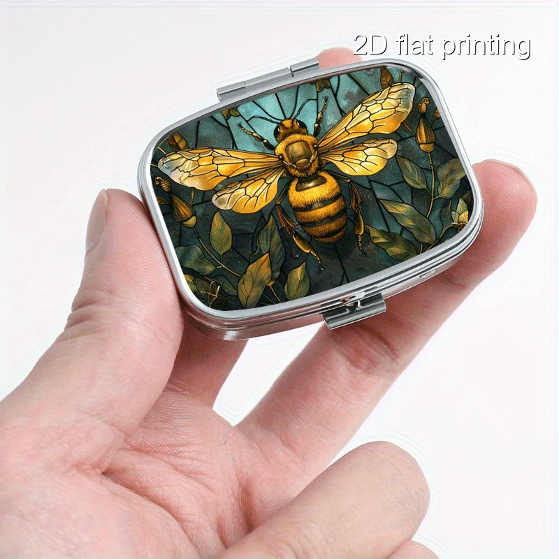 Square Small Box with Random Bee Pattern Print, 2-Compartment Metal Box, Portable Small Box with Compartments, Portable Small Box for Wallets or Money, Decorative Metal Small Vitamin Storage Box, Suitable for Travel, Camping, Unique Gift
