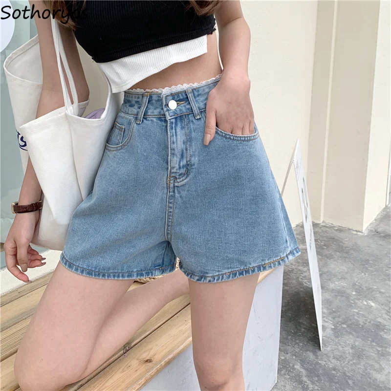 Wide Leg Shorts Women Denim Loose Girlish Lace Fashion Summer Streetwear Washed All-match Y2k Sexy Classic Korean Style Clothing