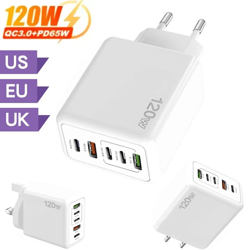 

120W 5 in 1 2 USB 3 Type C Quick Charging Fast Wall Charger For iPhone Samsung Xiaomi Huawei Oppo Mobile Phone Adapter