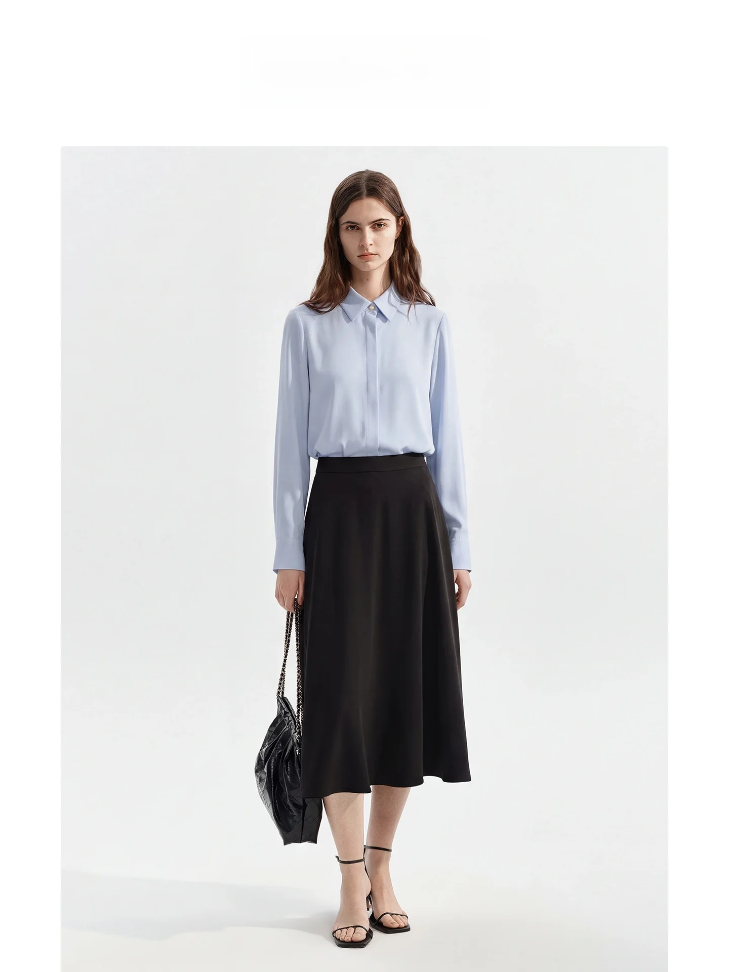 

LeLenth Long Sleeve Shirt Women's Collar Hidden Button Formal Wear Office White Collar Interview Suit Skirt Set A-Line Skirt