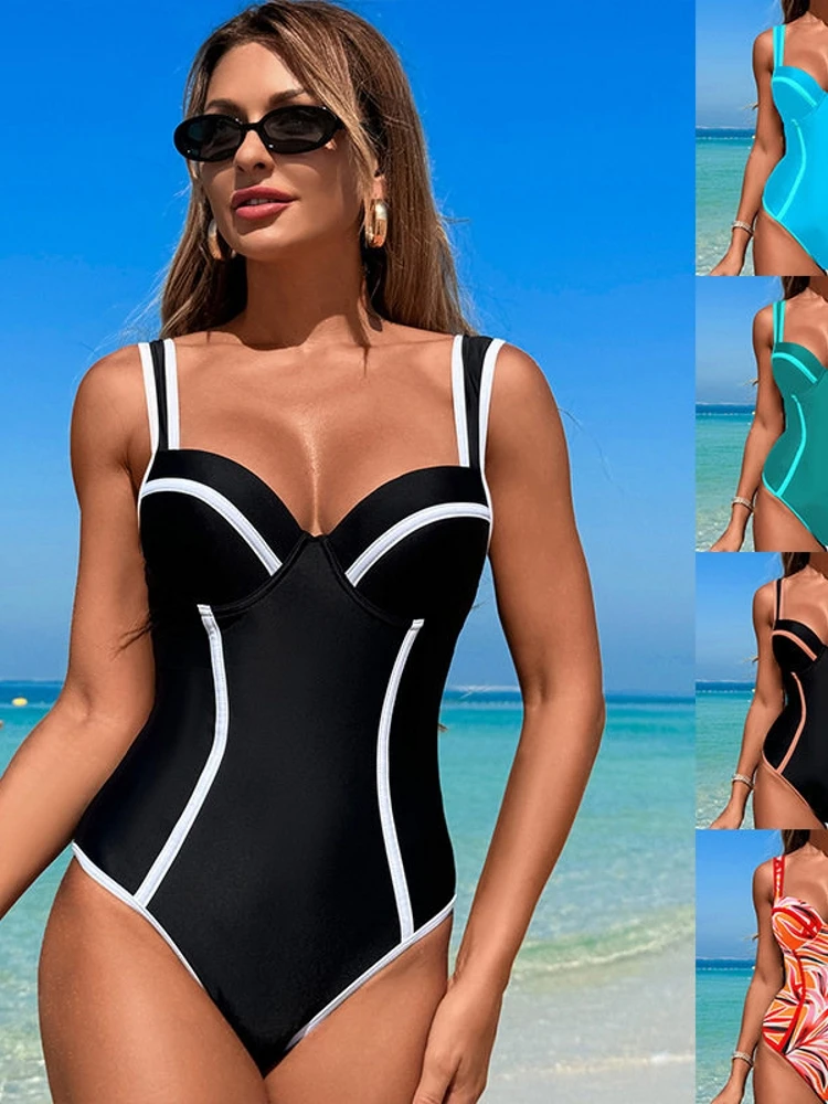 

Sexy One-Piece Black And White Striped High-Waist Bikini Cover-Up Slimming Beach Swimming Suits Casual Surfing Swimsuit