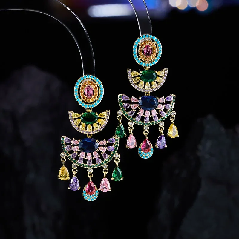 Vintage Fan Shape Water Drop Tassel Dangle Earrings Inlaid Color Zircon Fashion Summer Women Ear Jewelry For Wedding Party Gifts