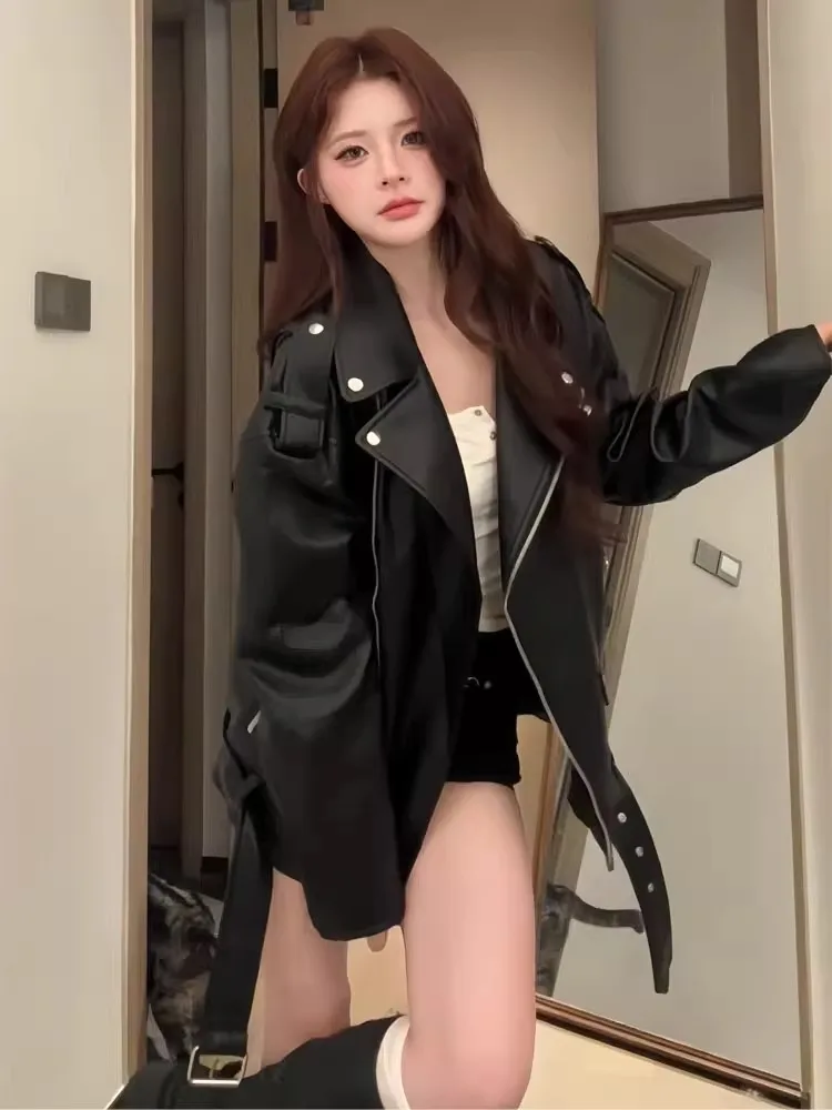 Bla Motorcycle Jaet PU Leather Coat Women's Design Spring Autumn New American Retro Small Size High-End Feel Zipper