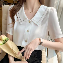 Femme Tops Mulheres Elegantes coreano Turn Down Collar Mulheres Blusa 2022 Verão Sólido Branco Chique Blusa de Manga Curta Chiffon T Camisa