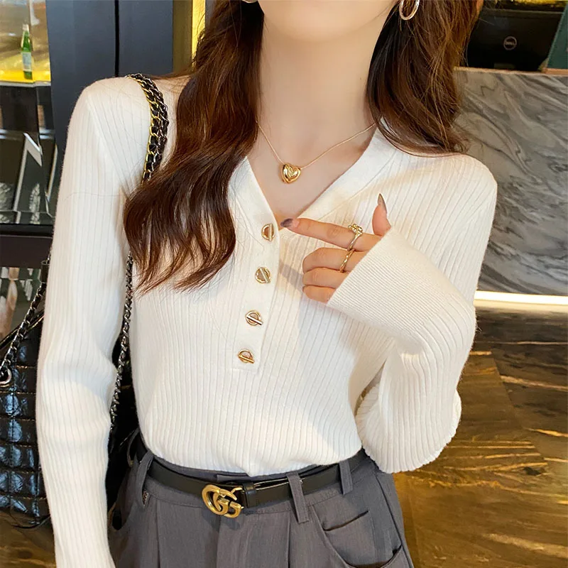 

Трикотаж, вязаный свитер с длинными рукавами, женские пуловеры, новый белый вязаный свитер с v-образным вырезом, пуловер, женские топы Sueters De Mujer Q1758